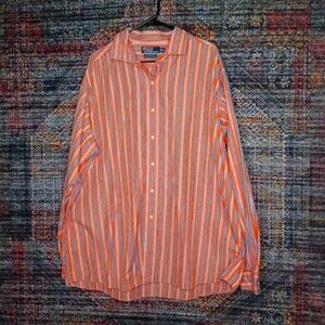 Ralph Lauren mens orange white navy Westerton striped button front shirt XXL EUC